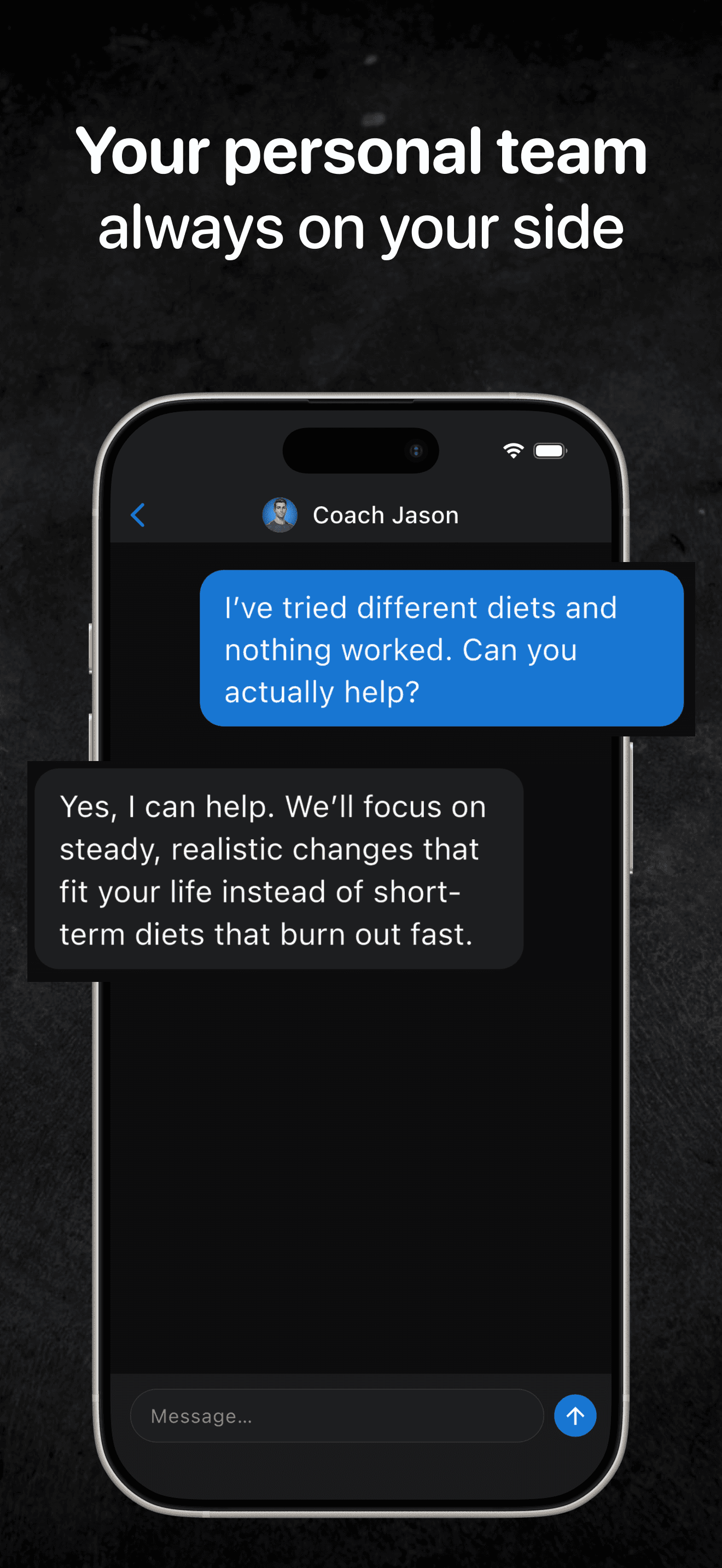 Chatting with an AI coach in MessageFit: your personal team, always on your side.