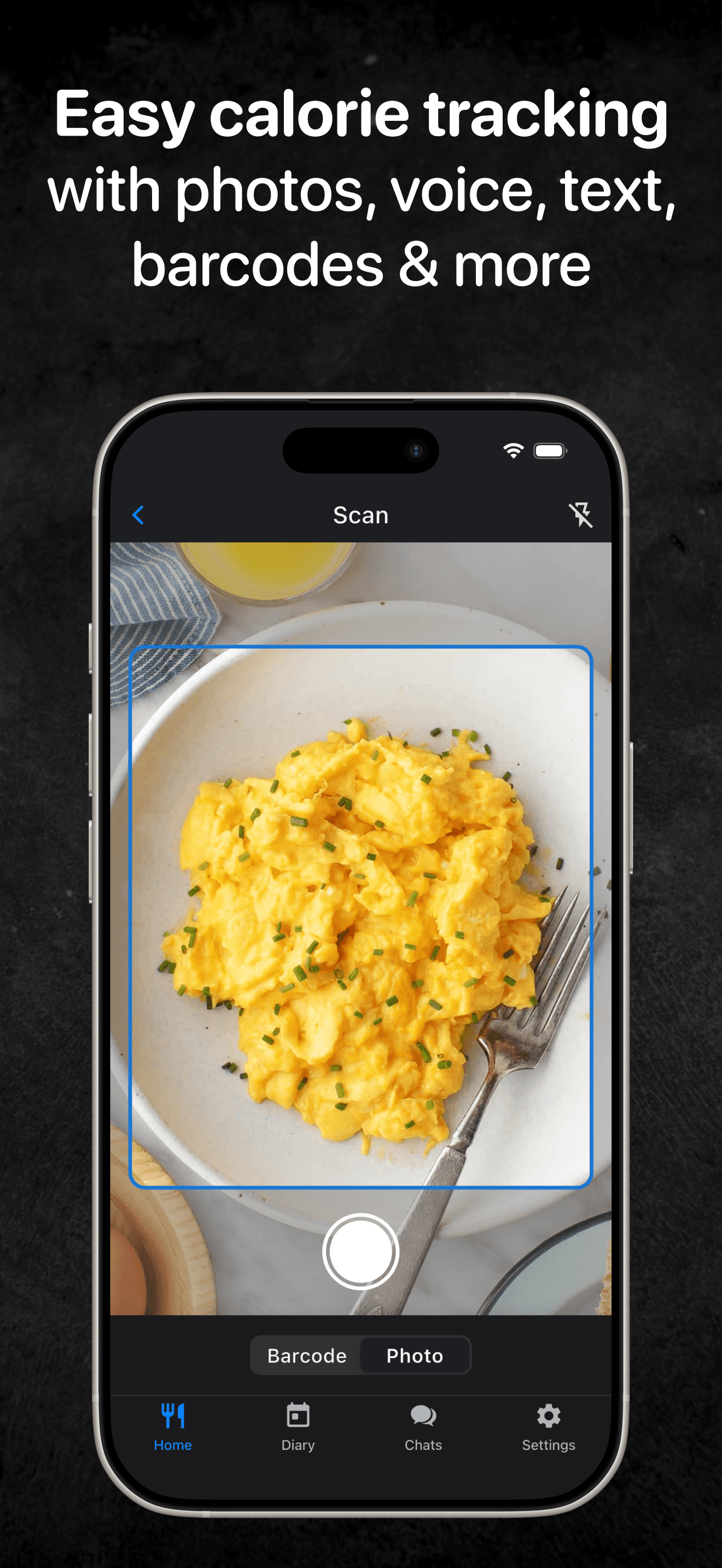 Easy calorie tracking in MessageFit with photos, voice, text, barcodes and more.