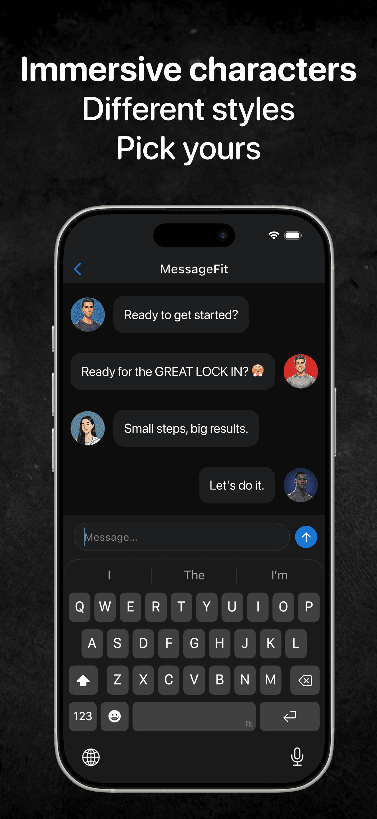 Immersive coaching characters in MessageFit — different styles, pick yours.